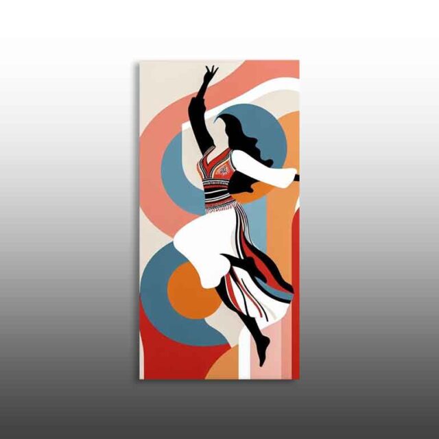Nën hijen e traditës – valltare shqiptare me veshje të bardhë në kompozim grafik kuqezi