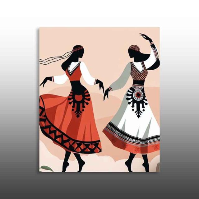 Valletaret – dy gra me veshje tradicionale kuqezi duke vallëzuar në ilustrim modern