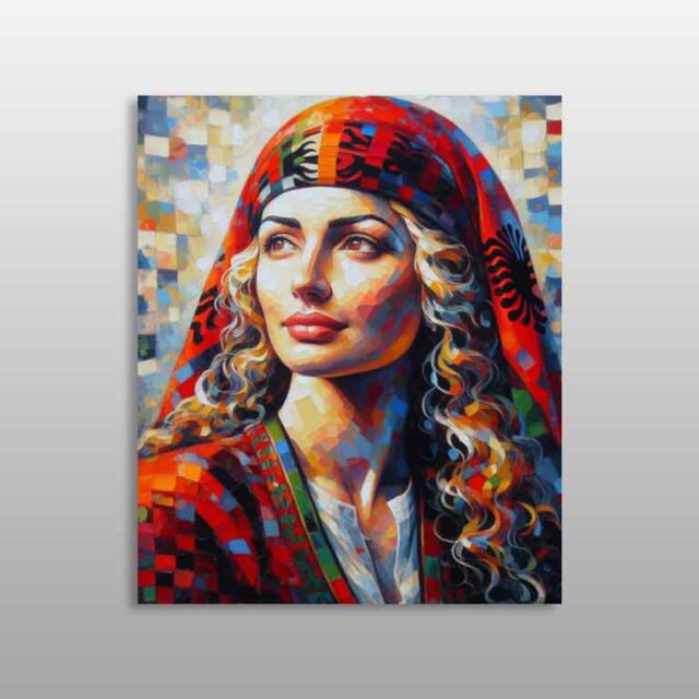 Melodi e krenarisë – portret i një gruaje me shami të kuqe dhe motive të zeza të stilizuara