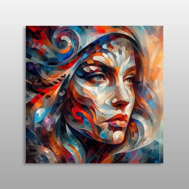 Portret abstrakt femëror me linja rrjedhëse të kuqe, blu dhe portokalli
