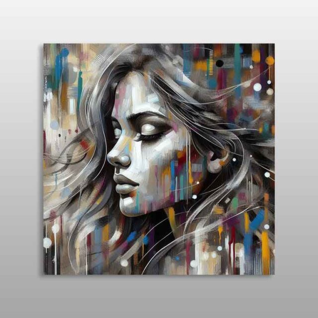 Portret abstrakt i një gruaje me sy të mbyllur dhe gjurmë shumëngjyrëshe