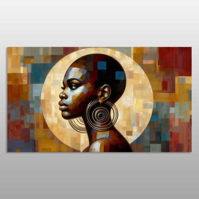 Afrikane – portret profili i një gruaje me vathë rrethorë dhe sfond mozaik