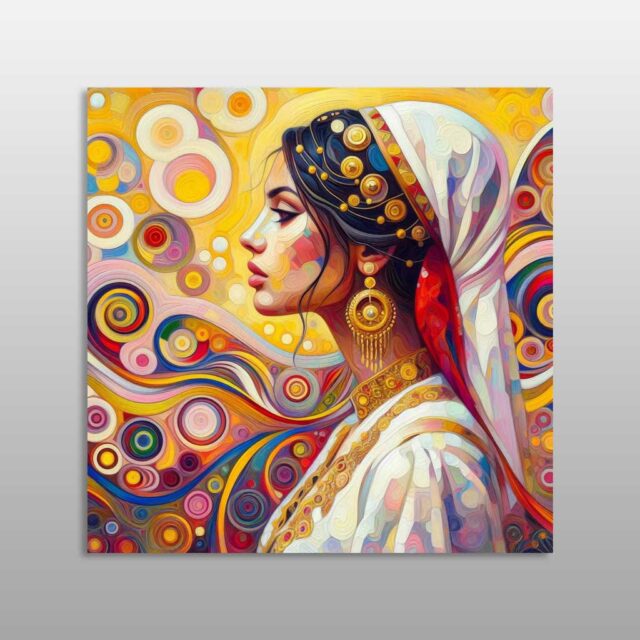 Grua shqiptare tradicionale – portret në profil me shami të bardhë dhe stoli të arta