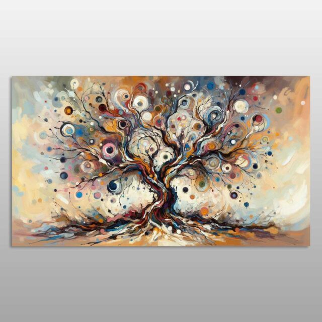 Pemë e jetës abstrakte me degë dhe motive rrethore shumëngjyrëshe