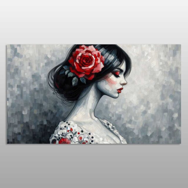 Portret vajze me lule të kuqe në flokë mbi sfond gri