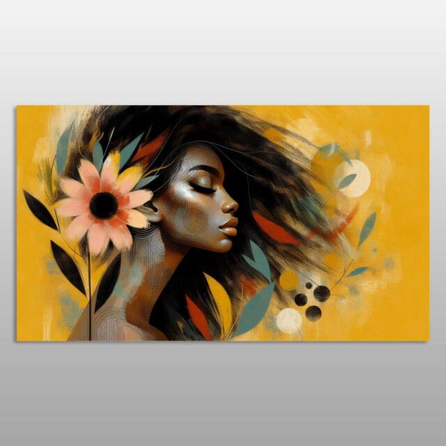 Portret gruaje afrikane me lule rozë dhe gjethe mbi sfond të verdhë