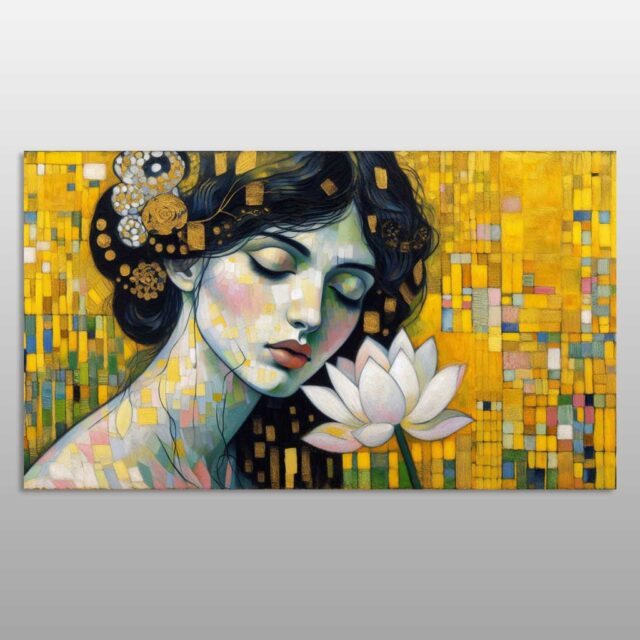 Portret gruaje pranë zambakut të bardhë mbi sfond mozaiku të artë