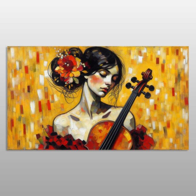 Grua me violinë, lule të kuqe në flokë dhe sfond të artë
