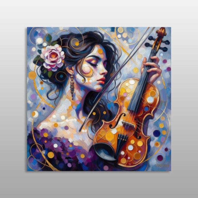 Grua duke luajtur violinë me trëndafil në flokë dhe ngjyra pastel