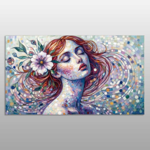 Portret gruaje me lule në flokë dhe valë mozaiku shumëngjyrëshe