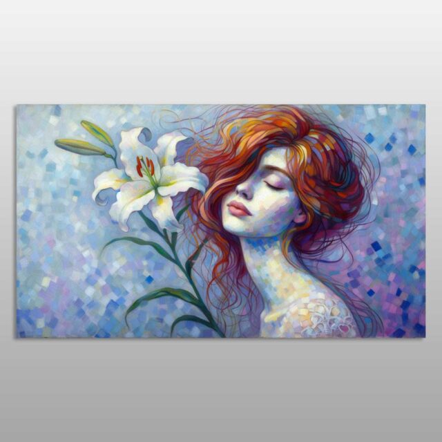 Portret gruaje me flokë të kuq pranë një zambaku të bardhë