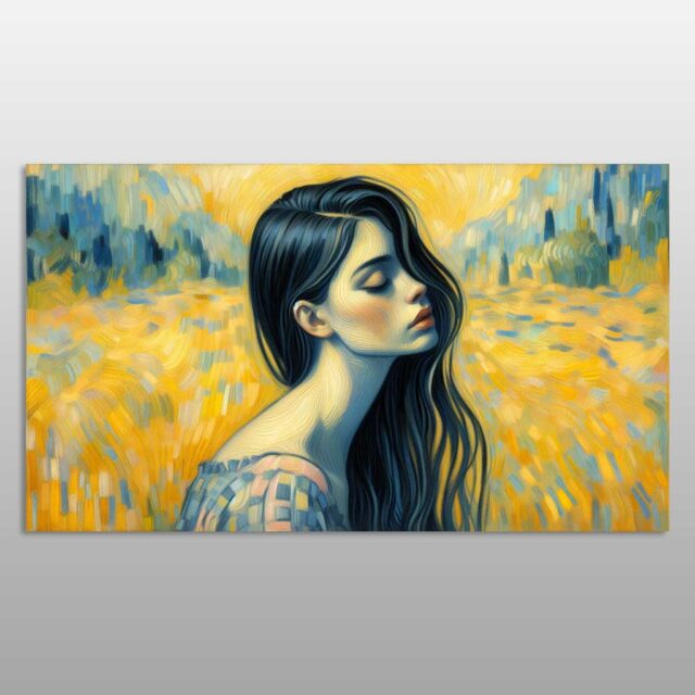 Portret vajze me flokë të zinj në një fushë të artë