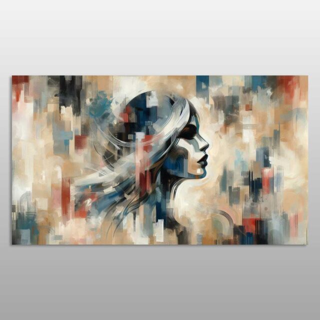 Portret abstrakt gruaje me forma gjeometrike blu, gri dhe bezhë
