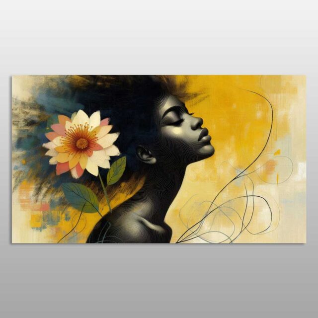 Portret gruaje afrikane me lule të verdhë pranë flokëve