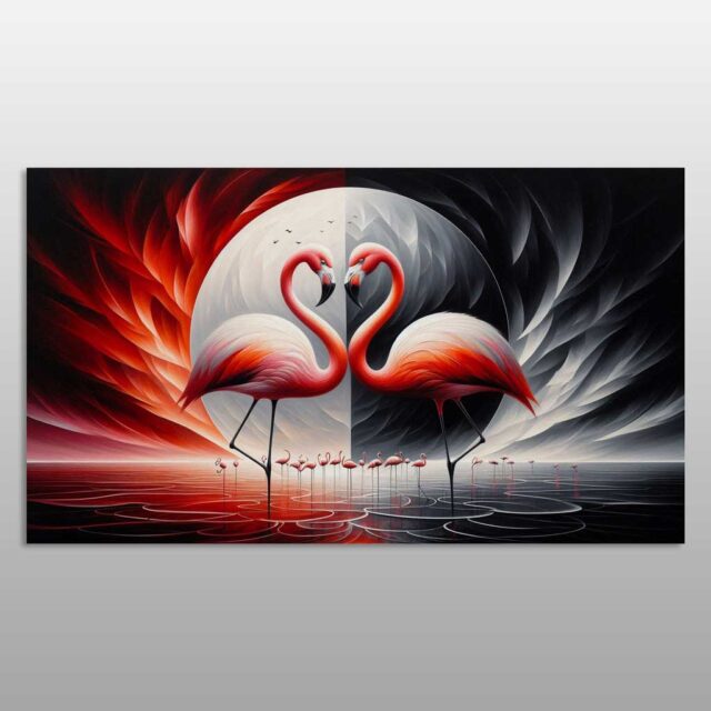 Dy flamingo kuq e zi që formojnë zemër mbi ujë