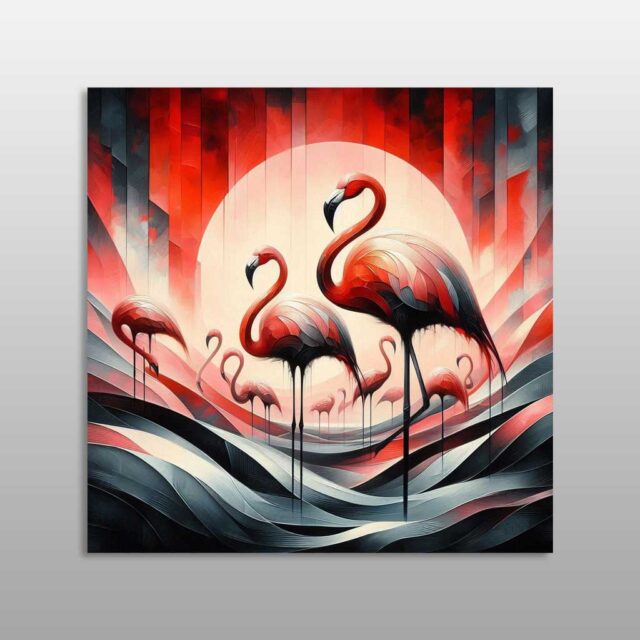 Flamingo të kuq e të zinj përpara diellit në perëndim