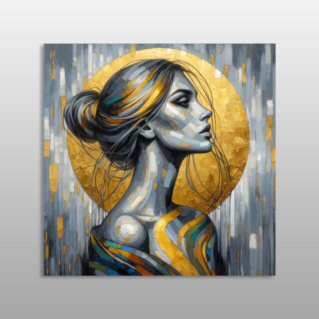 Portret gruaje me flokë të mbledhura dhe rreth të artë në sfond