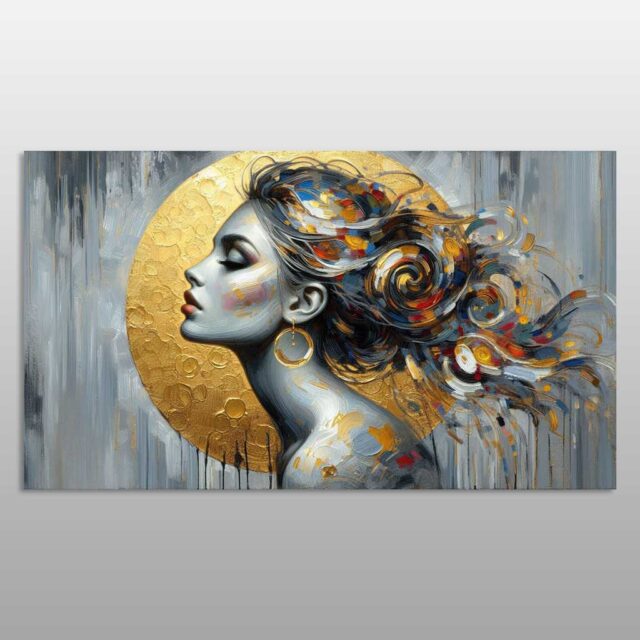 Profil gruaje me flokë shumëngjyrëshe mbi një rreth të artë