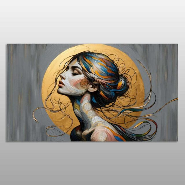 Profil gruaje me flokë shumëngjyrëshe dhe rreth të artë në sfond