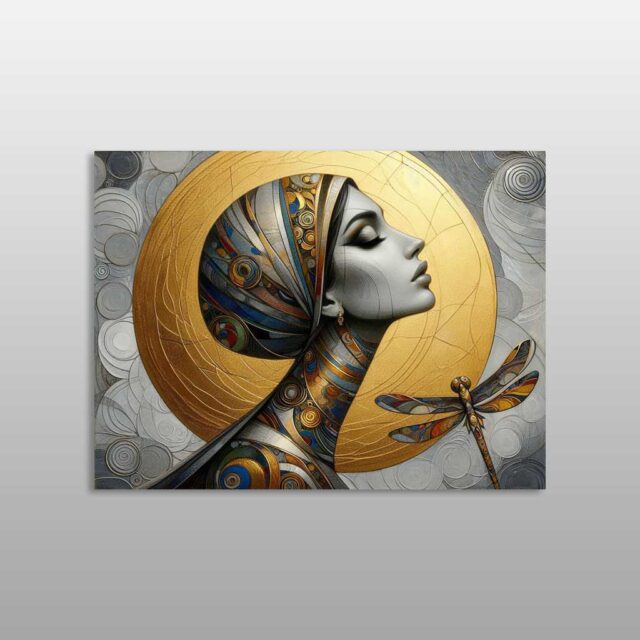 Portret gruaje me rreth të artë dhe krijesë dekorative me krahë