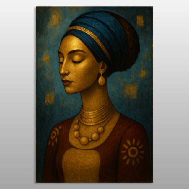 Portret gruaje afrikane me mbështjellës blu dhe stoli të arta