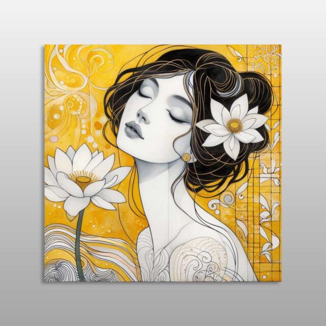 Portret femëror me sy të mbyllur, lule të bardha dhe sfond të artë