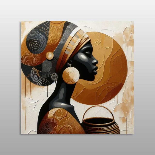 Portret i stilizuar i një gruaje afrikane me mbështjellës dhe shportë