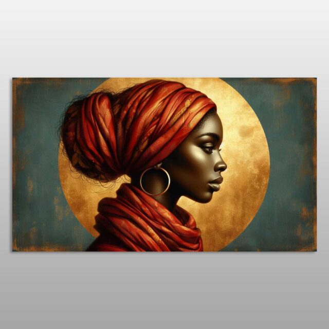 Profil i gruas afrikane me mbështjellës të kuq dhe sfond rrethor të artë