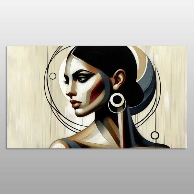 Portret modern i një gruaje me flokë të mbledhura dhe vathë rrethorë
