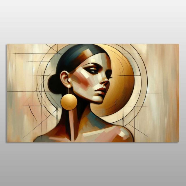 Portret femëror gjeometrik me vath të artë dhe sfond rrethor