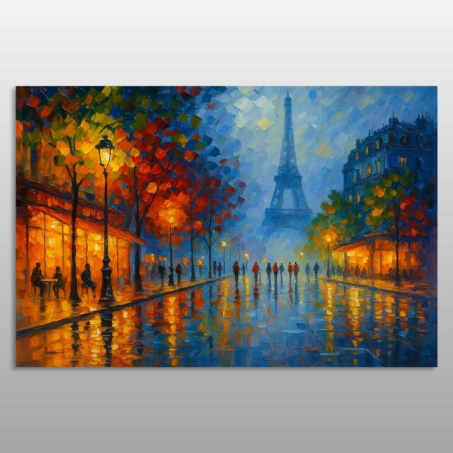 Kulla Eiffel dhe dritat e Parisit të pasqyruara në rrugë me shi