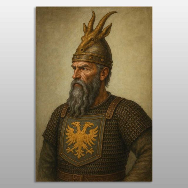 Skënderbeu – portret me përkrenare, armaturë dhe shqiponjë dykrenare shqiptare