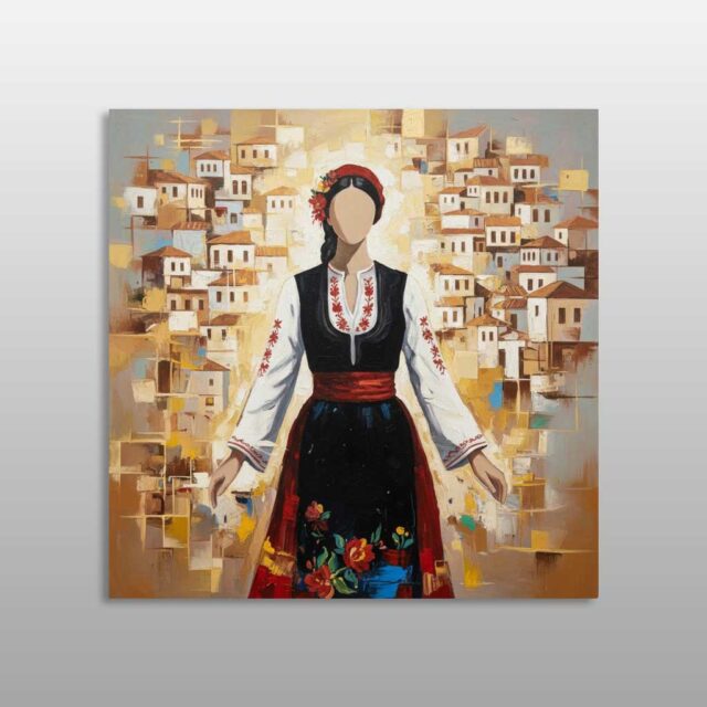 Shtegtim në kohë – figurë femërore me veshje tradicionale përpara një qyteti të bardhë