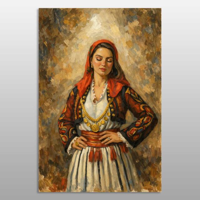 Arë dhe pëlhurë tradite – grua me shami të kuqe dhe gjerdan me monedha të arta