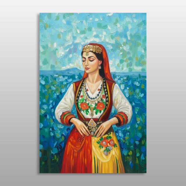 Portret nga Gucia – grua me shami të kuqe dhe veshje tradicionale me motive lulesh