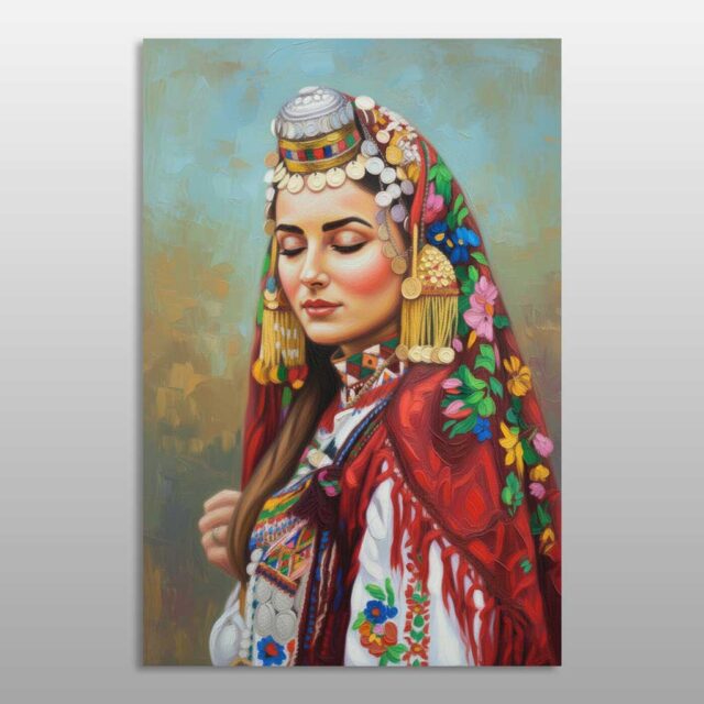 Bukuria që fluturon në shami – grua me shami të kuqe me lule dhe stoli tradicionale