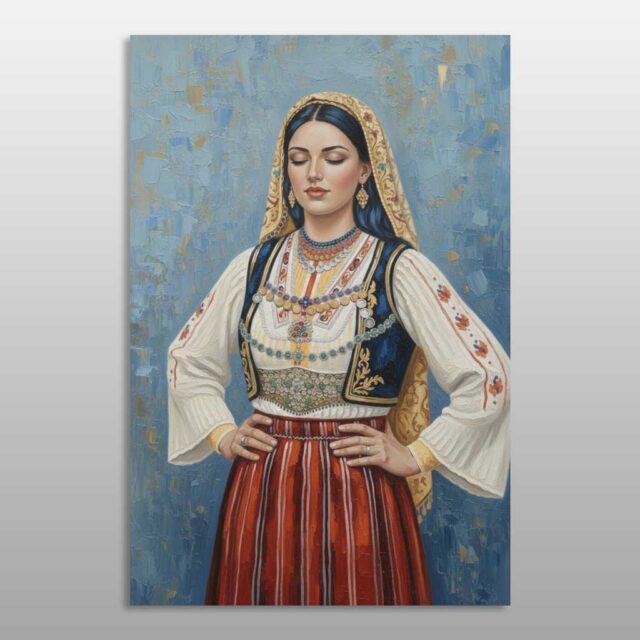 Eleganca dhe shkëlqimi në pëlhurë – grua me veshje tradicionale, stoli të arta dhe fund të kuq