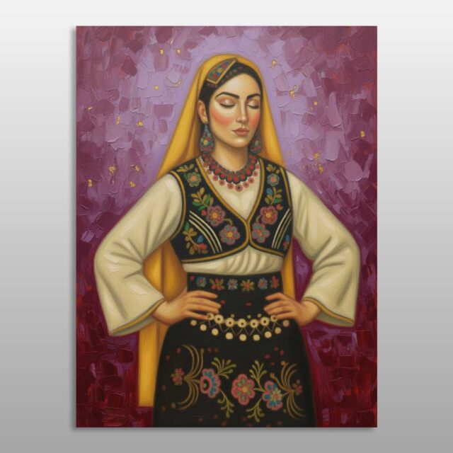 Nusja e Drenicës – grua me jelek të zi të qëndisur, shami të artë dhe stoli tradicionale